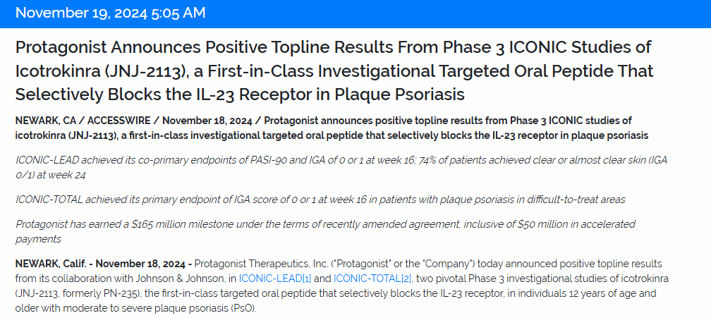 Johnson & Protagonist's Oral IL23 Psoriasis Phase 3 Success