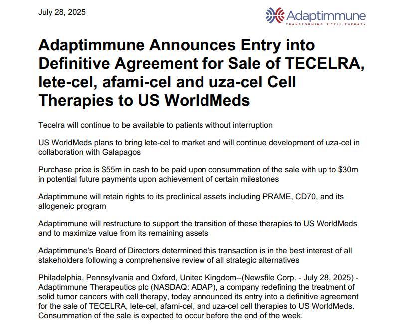Adaptimmune Sells Four Core Cell Therapies